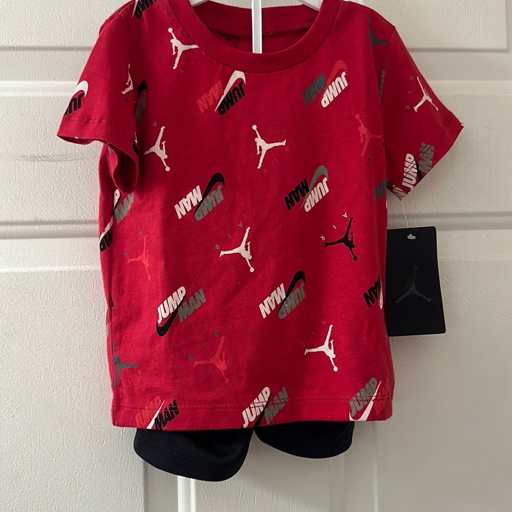 JORDAN TWO PIECE OUTFIT: TEE/SHORTS: RED/BLACK: NEW WITH TAGS: SIZE 24 MTH